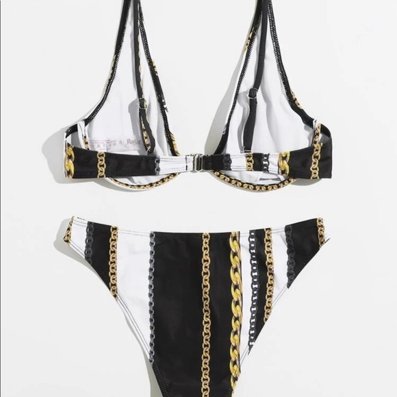 Gold Chain Print Black & White Striped Bikini Set - Picture 2 of 7